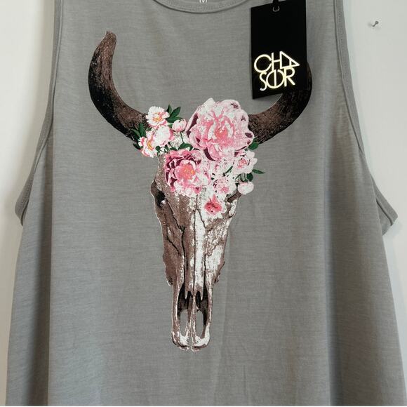 NWT Chaser "Floral Cowskull" Muscle Tank Top, Gray, Women's Medium - Picture 2 of 5